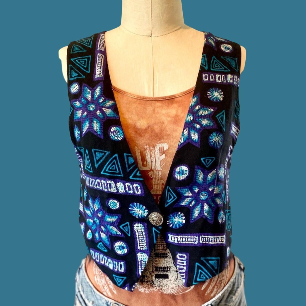 Vintage 80s LA Girl Rayon Vest Tribal Aztec Pattern Black Blue Size 7/8 USA Made